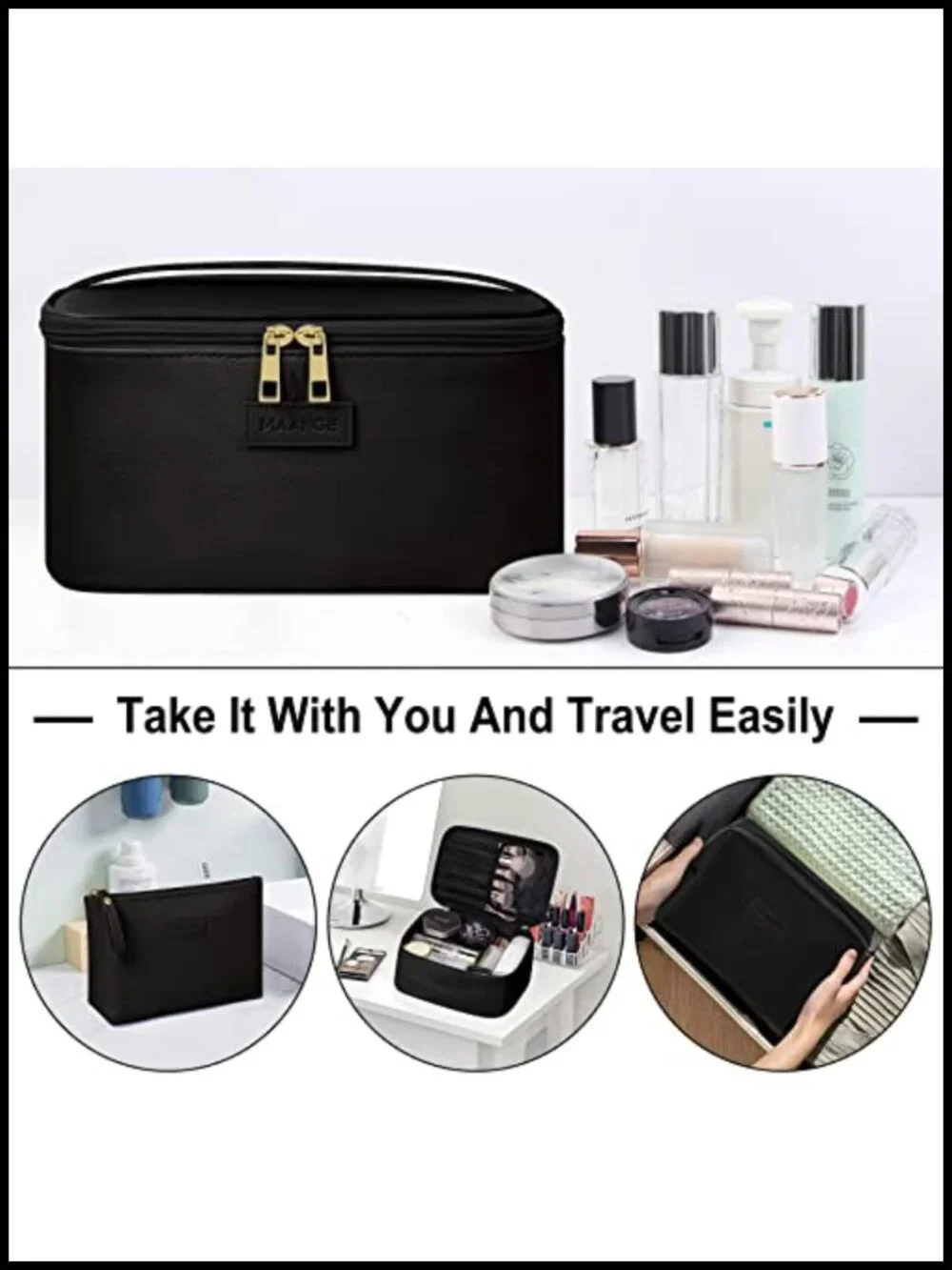 Large Cosmetic Bag Set with 2 Small Pouches - PU Leather Travel Makeup Organizer